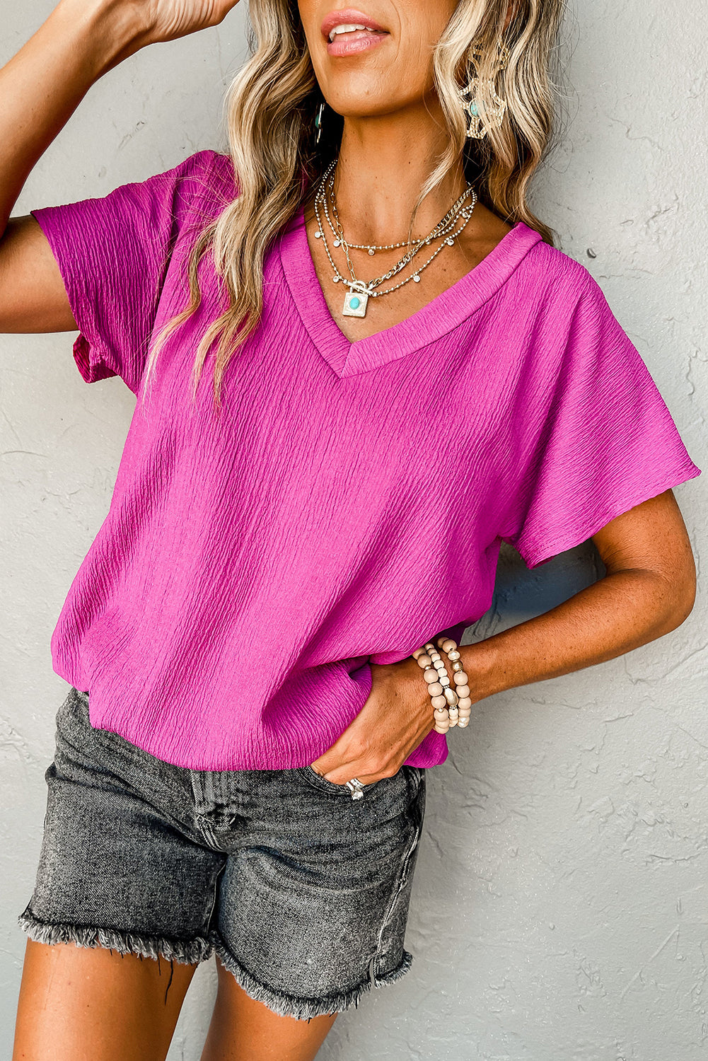 Bright Pink Crinkled V Neck Wide Sleeve T-shirt Tops & Tees JT's Designer Fashion