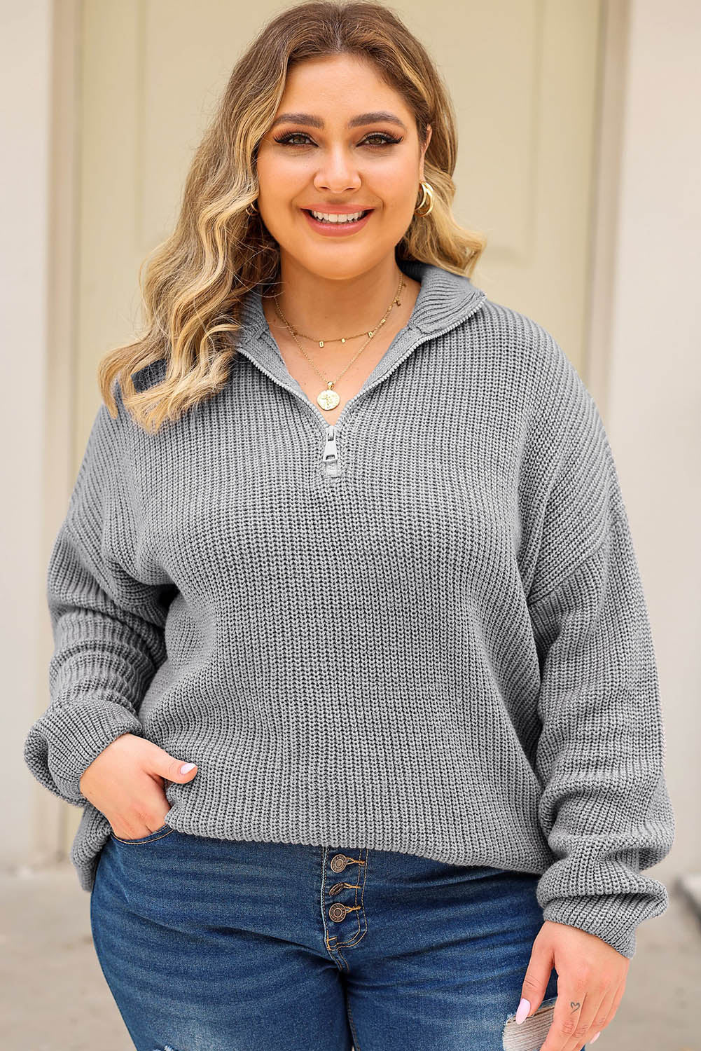 Gray Quarter-Zip Thermal Plus Size Sweater Plus Size JT's Designer Fashion