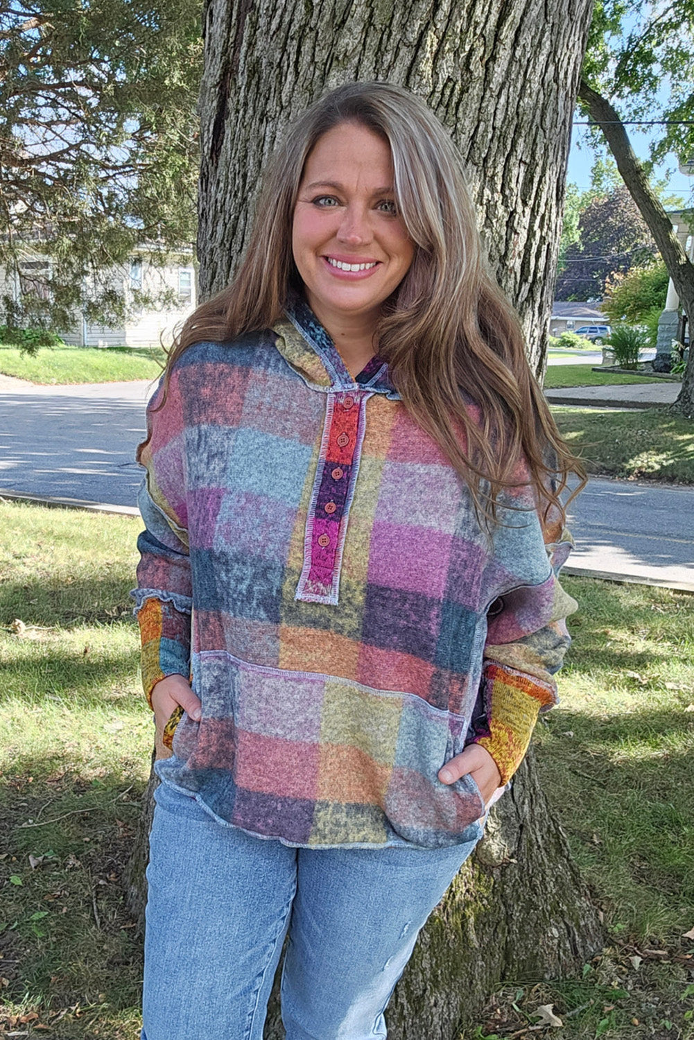 Multicolor Exposed Seam Detail Plus Size Brushed Henley Hoodie Plus Size JT's Designer Fashion