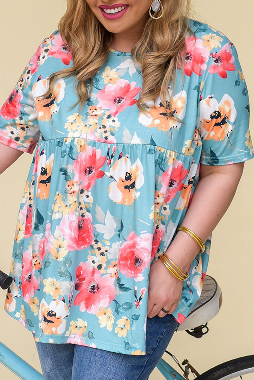 Sky Blue Plus Size Floral Print Short Sleeve Flowy Top Plus Size Tops JT's Designer Fashion