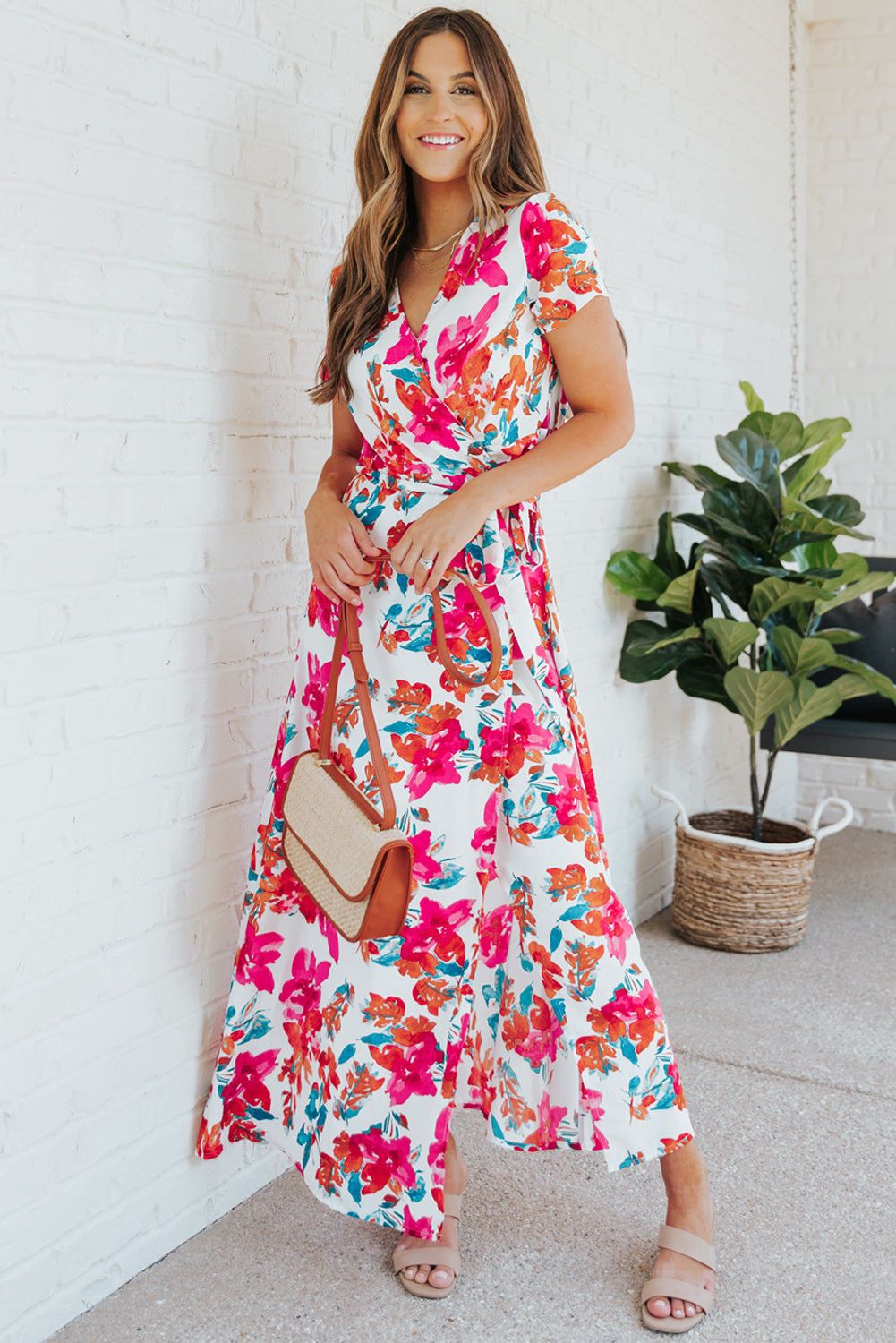 Rose Wrap V Neck Short Sleeve Floral Maxi Dress Floral Dresses JT's Designer Fashion