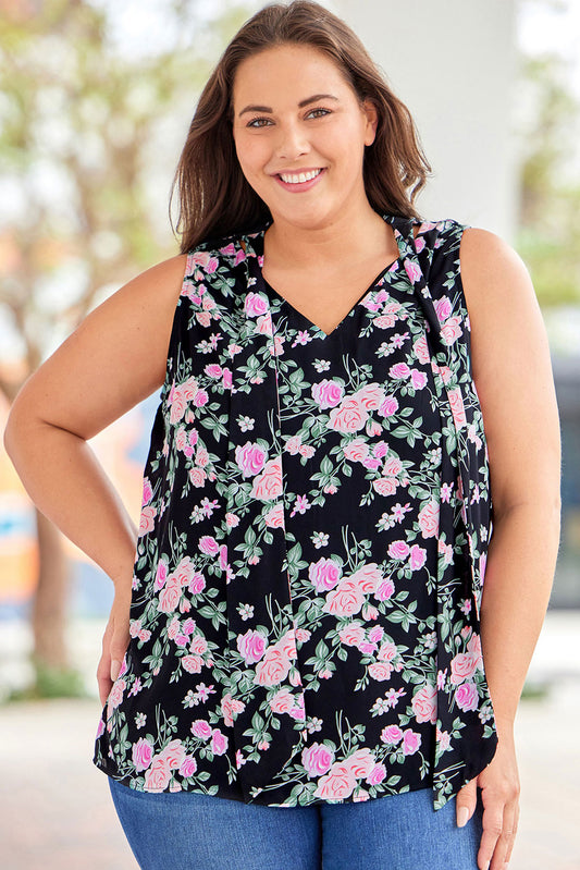 Black Plus Size Floral Print Ribbon V Neck Tank Top Plus Size Tops JT's Designer Fashion