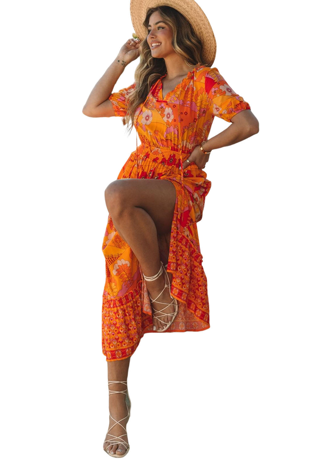 Orange Boho Floral Smocked Waist Maxi Dress with Slit Maxi Dresses JT's Designer Fashion