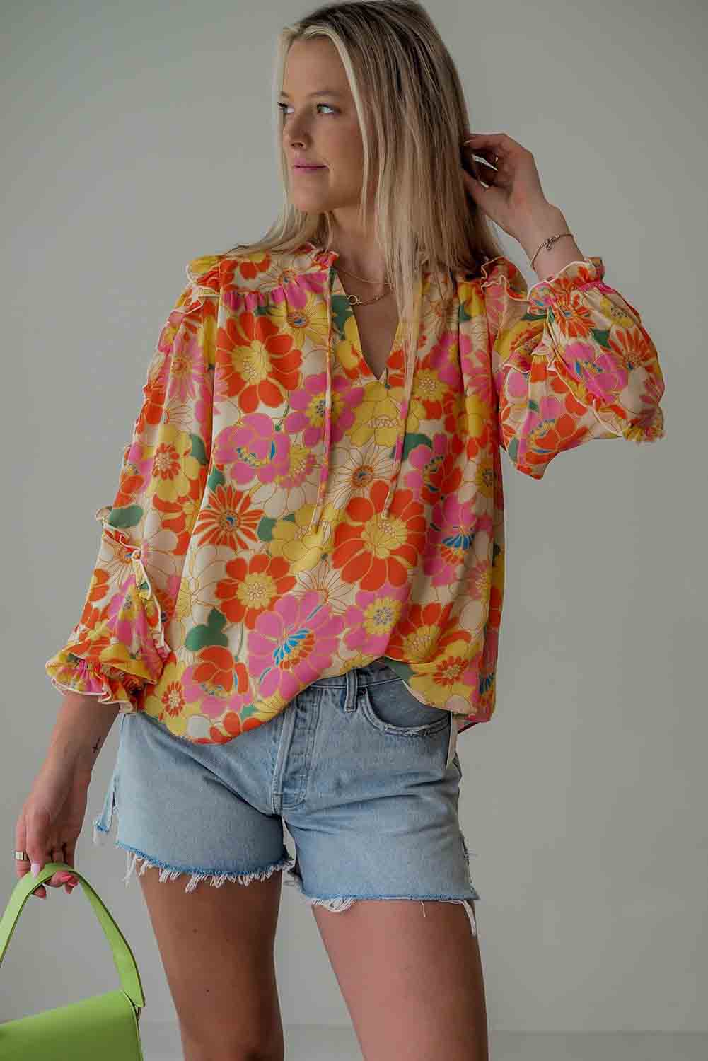 Orange Frilled Long Puff Sleeve Sweet Floral Blouse Tops & Tees JT's Designer Fashion