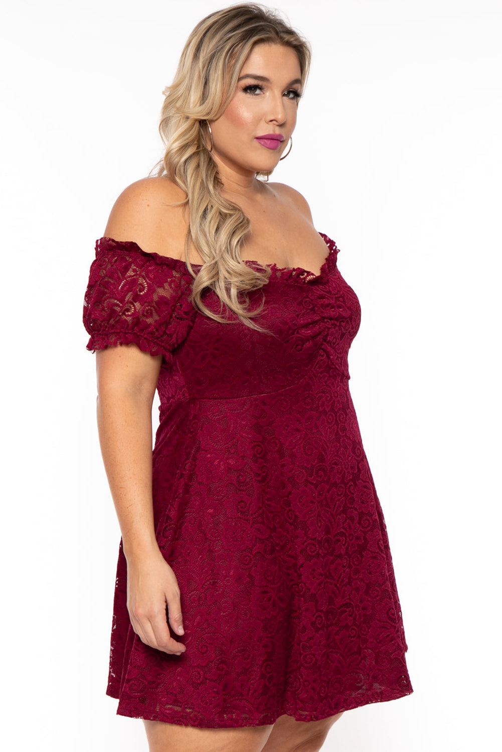 Red Lace Frill Bubble Sleeve Off Shoulder Plus Size Dress Plus Size Dresses JT's Designer Fashion