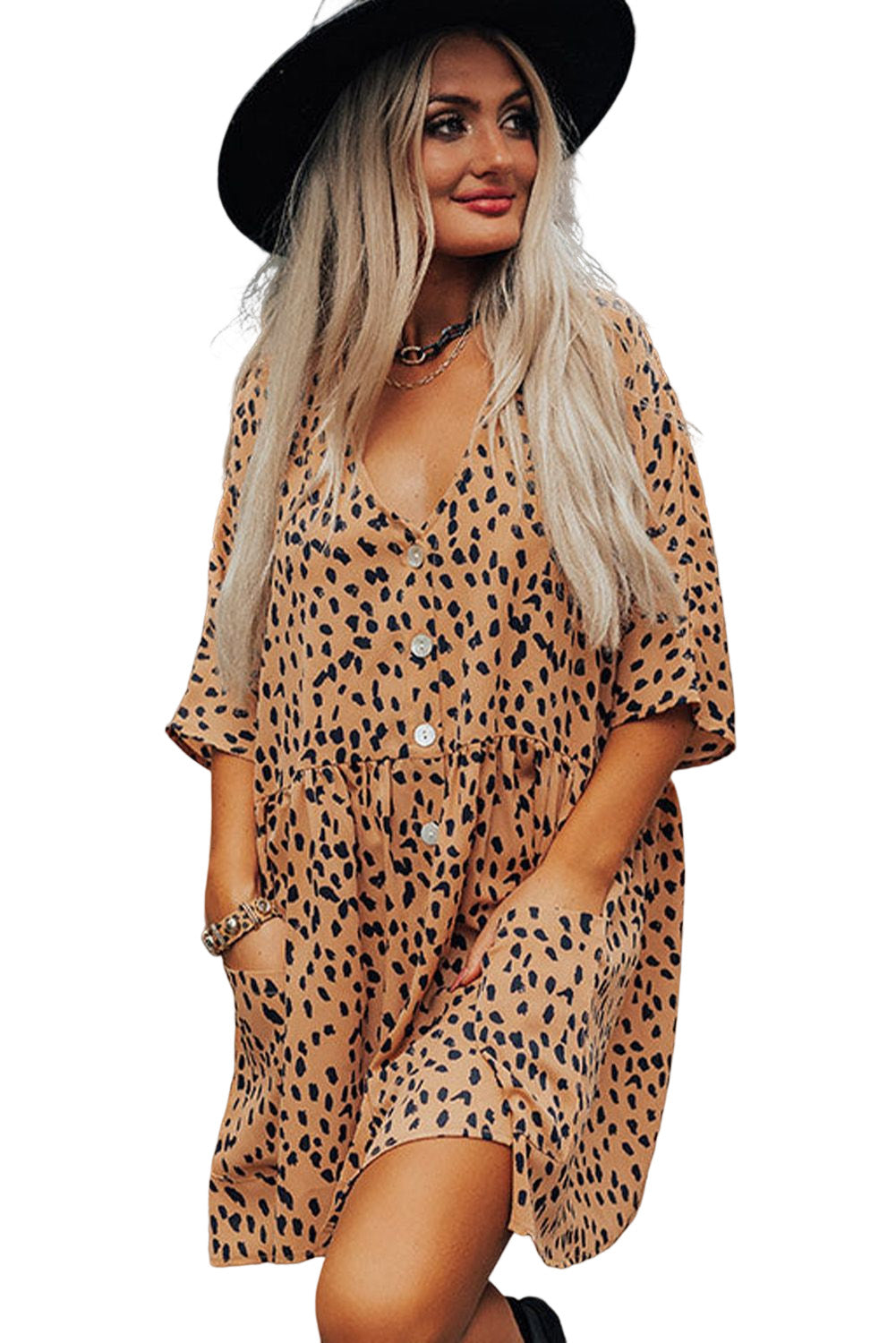 Leopard Button V Neck Tunic Dress Mini Dresses JT's Designer Fashion