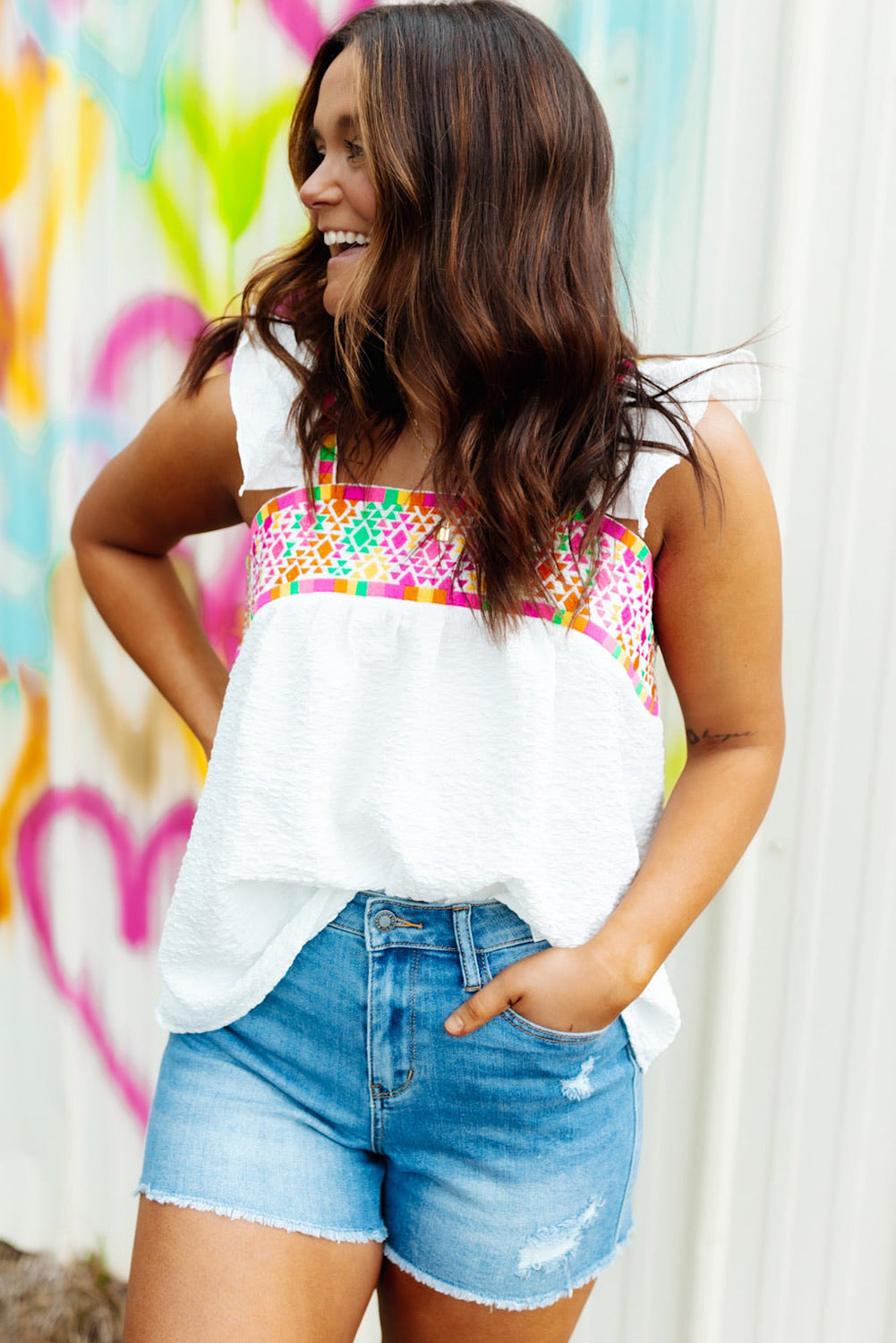 White Aztec Embroidered Square Neck Ruffle Tank Top Tank Tops JT's Designer Fashion