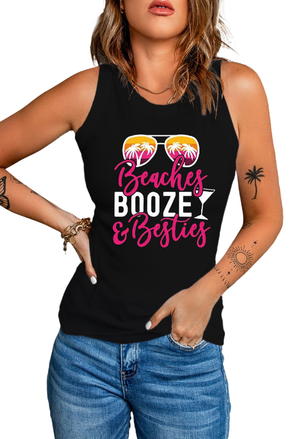 Black Beaches Booze & Besties Cruise Tank Top Graphic Tees JT's Designer Fashion