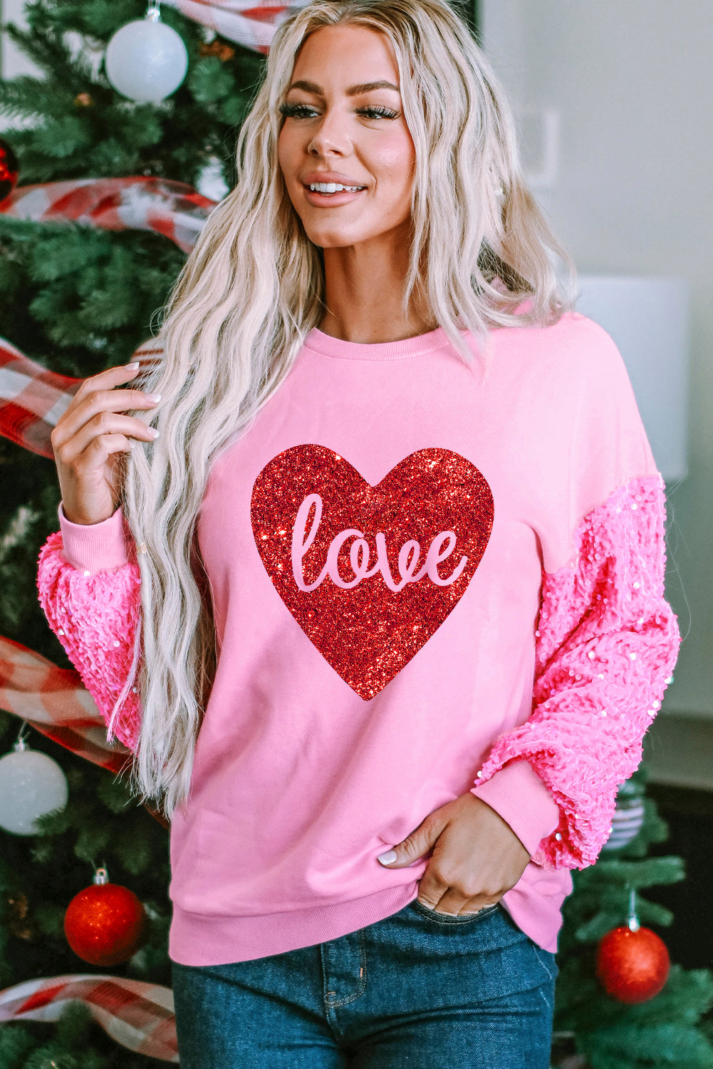 Pink Shiny Heart Shape love Print Sequined Sleeve Top Pink 65%Polyester+35%Cotton Graphic Sweatshirts JT's Designer Fashion