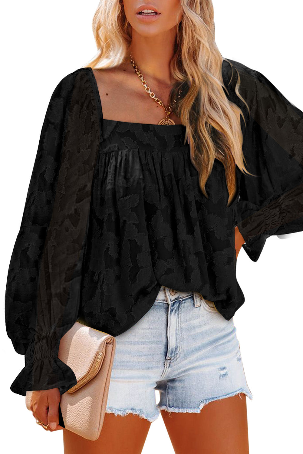 Black Square Neck Floral Textured Blouse Blouses & Shirts JT's Designer Fashion