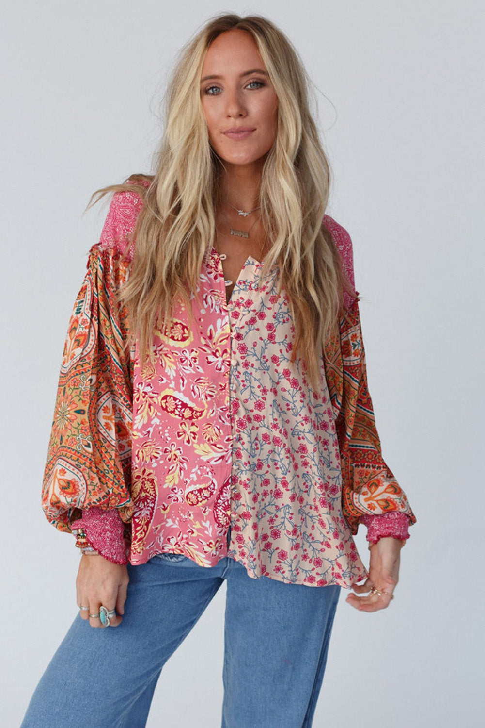 Pink Mixed Floral Printed Puff Sleeve V-Neck Shirt Tops & Tees JT's Designer Fashion