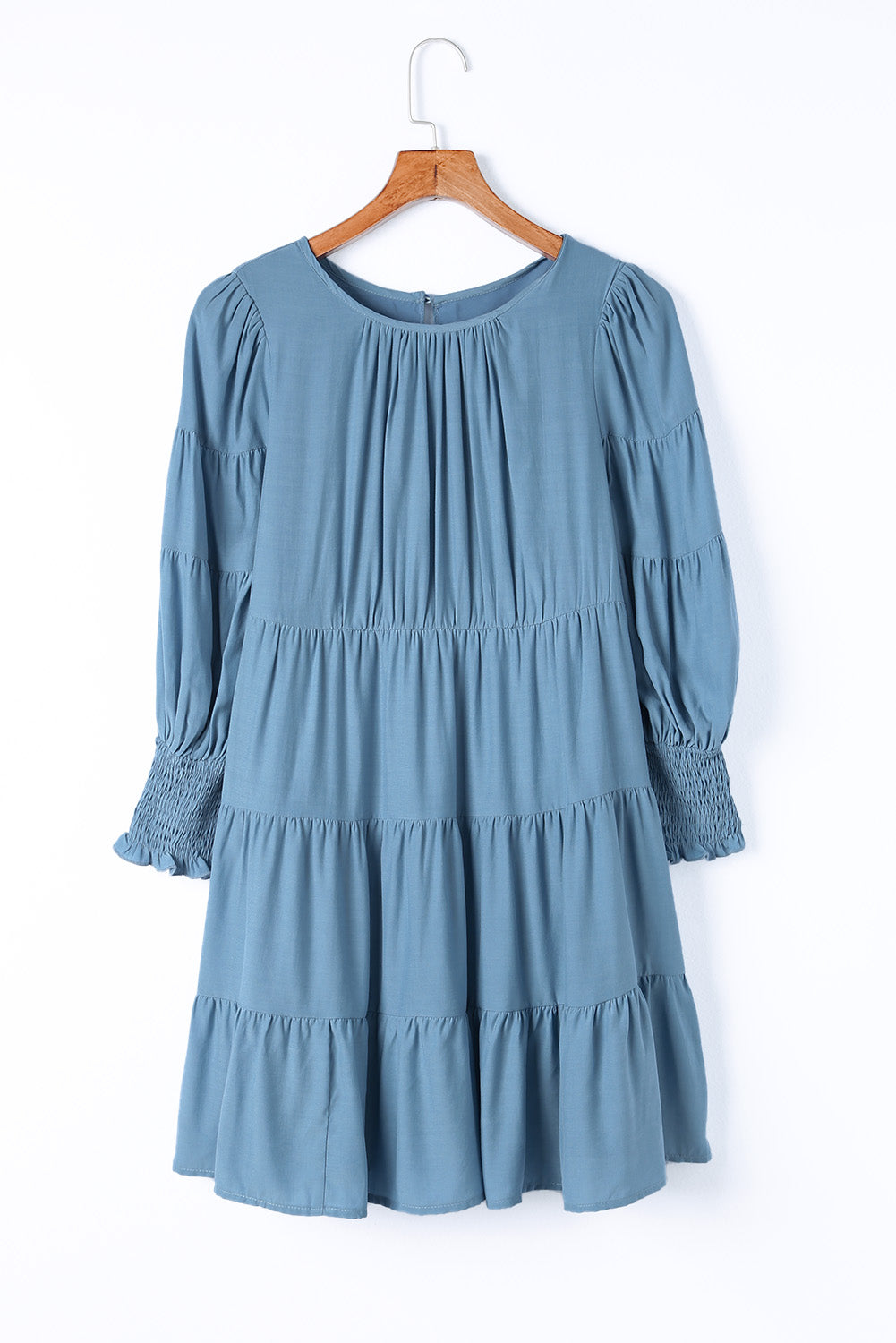 Sky Blue Shirring Tiered Flowy Babydoll Dress Mini Dresses JT's Designer Fashion
