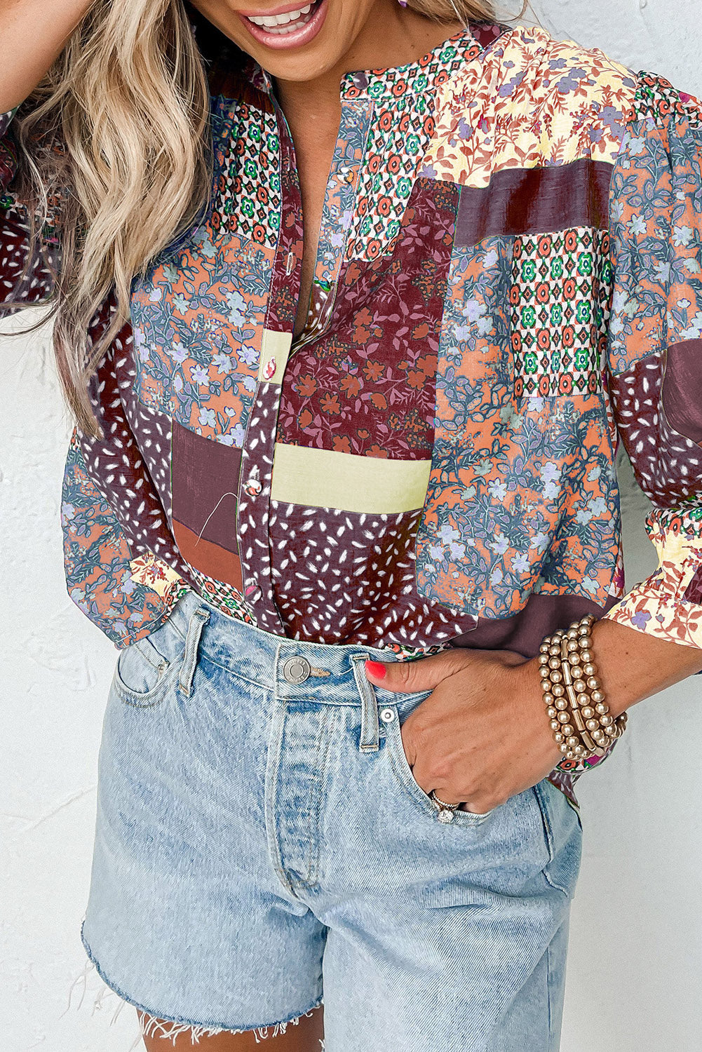 Brown Multicolor Floral Patchwork Print Buttoned Puff Sleeve Shirt Tops & Tees JT's Designer Fashion