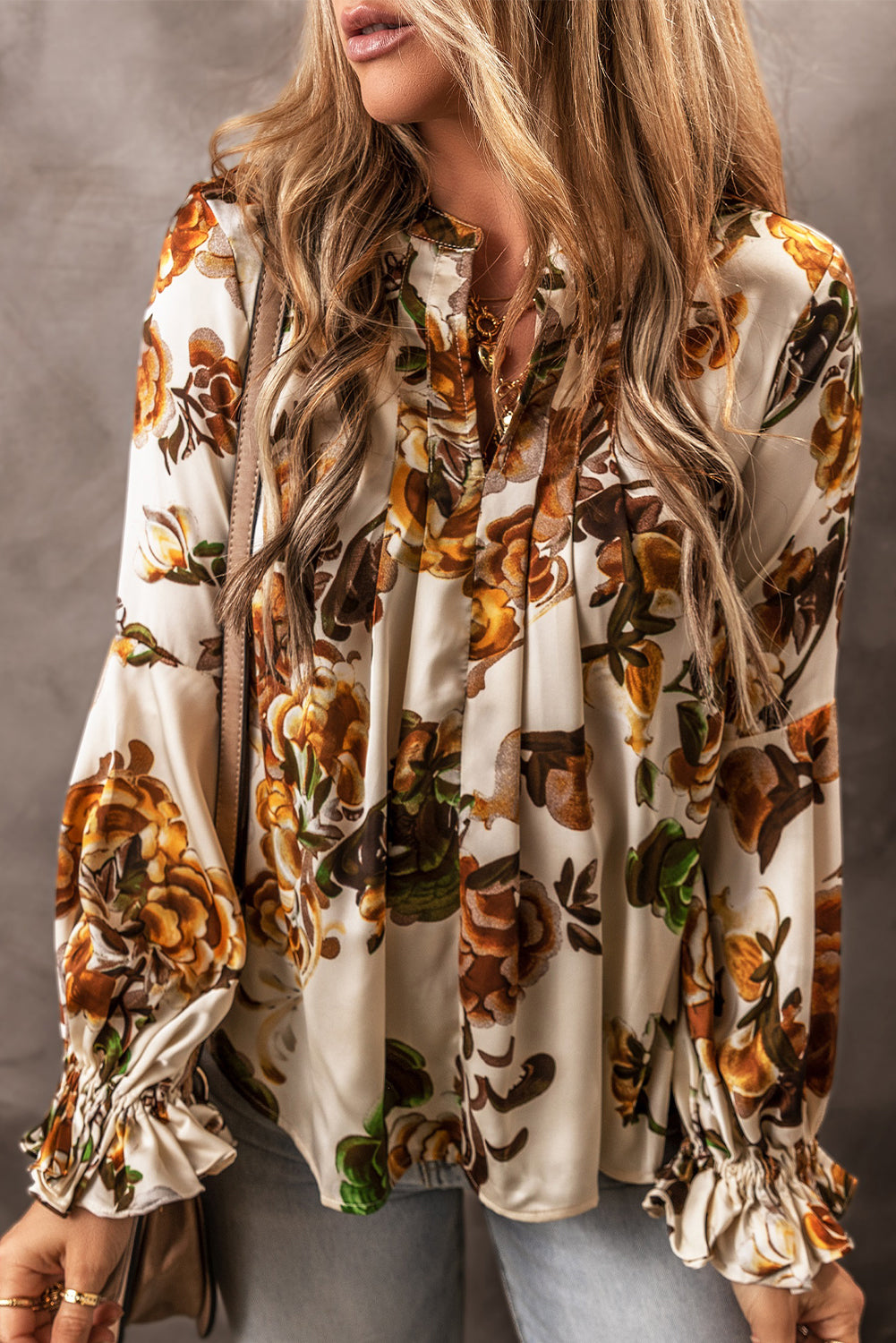 Apricot Gorgeous Floral Split Neck Flounce Sleeve Blouse Tops & Tees JT's Designer Fashion