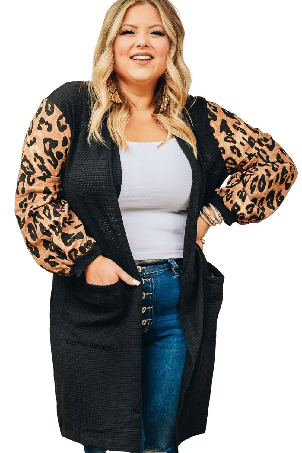 Black Plus Size Contrast Leopard Sleeve Cardigan Plus Size JT's Designer Fashion