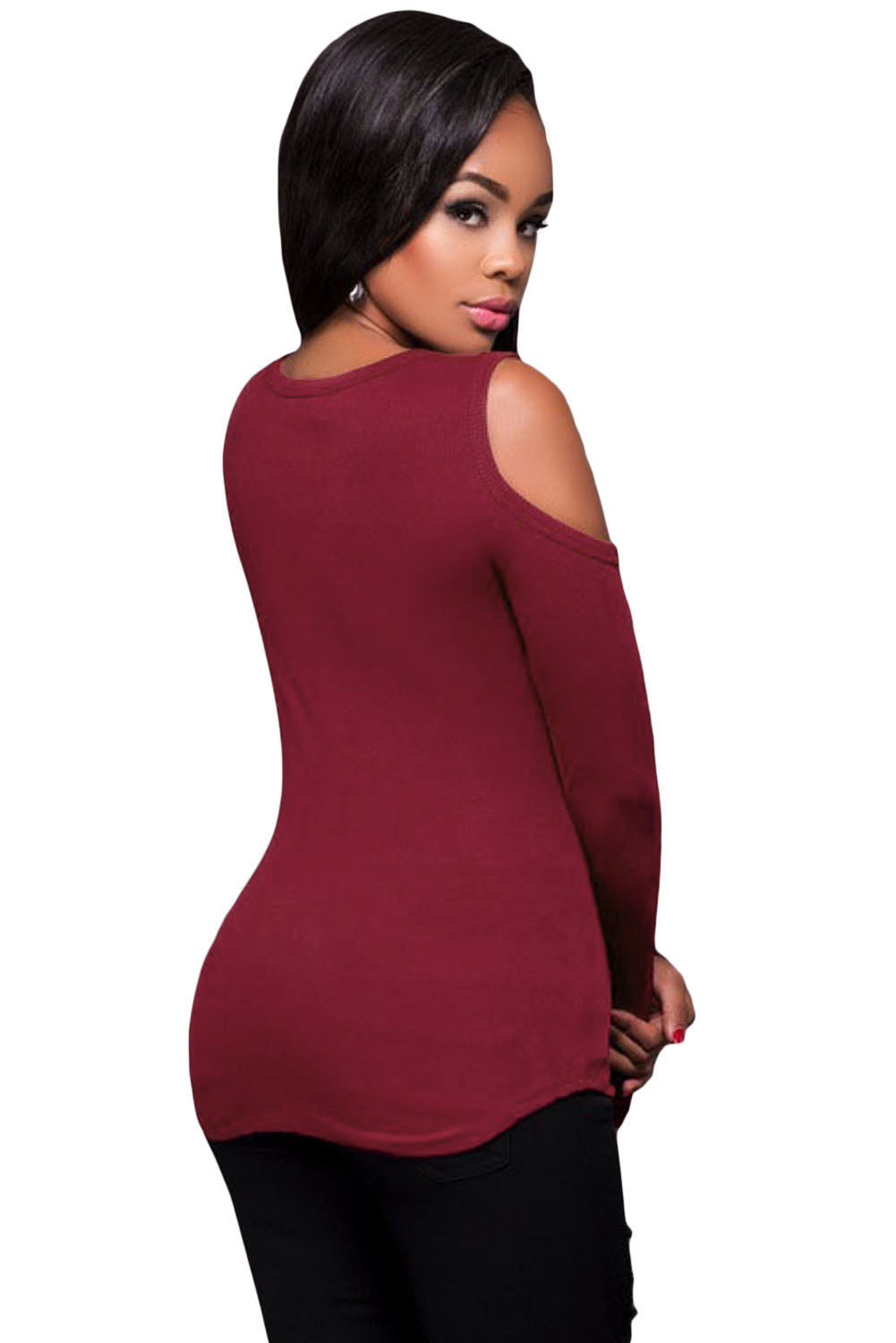 Burgundy Long Sleeve Cut-out Shoulder Ribbed Top Long Sleeve Tops JT's Designer Fashion