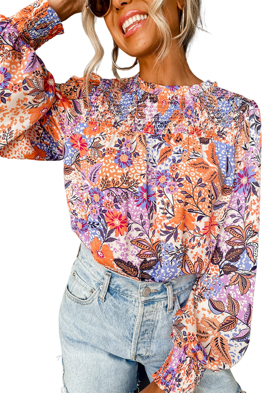 Multicolour Floral Bishop Sleeve Frilled Round Neck Blouse Tops & Tees JT's Designer Fashion