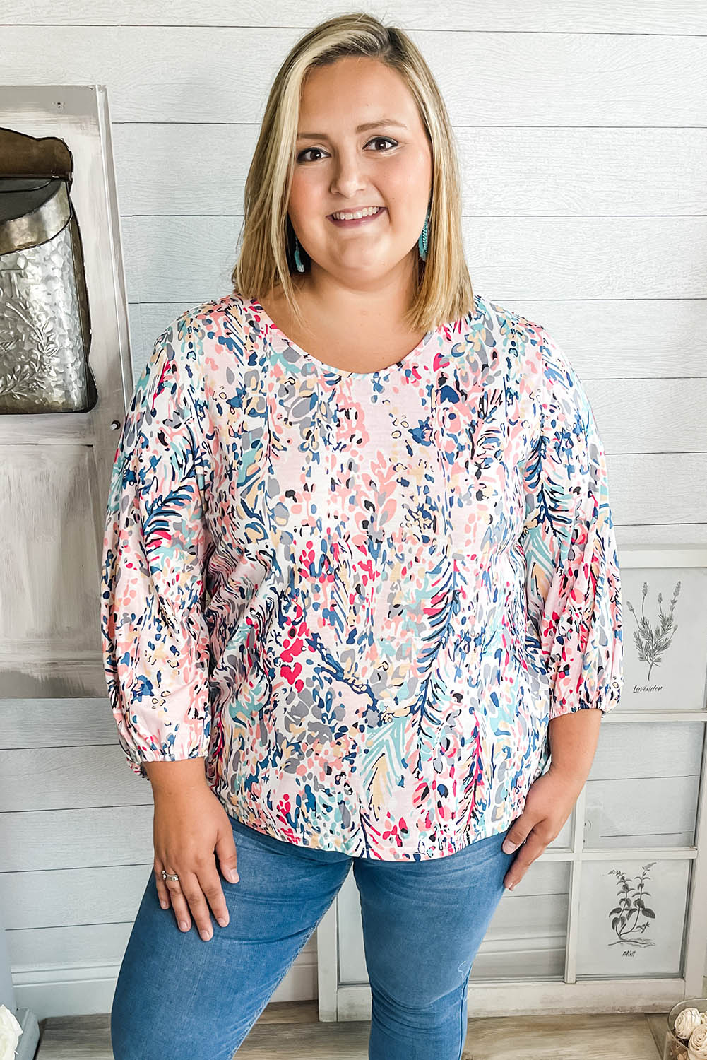 Multicolor Floral Round Neck Long Sleeve Plus Size Top Plus Size JT's Designer Fashion