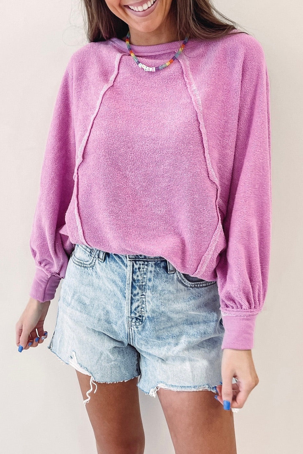 Pink Expose Seam Detail Terry Pullover Tops & Tees JT's Designer Fashion