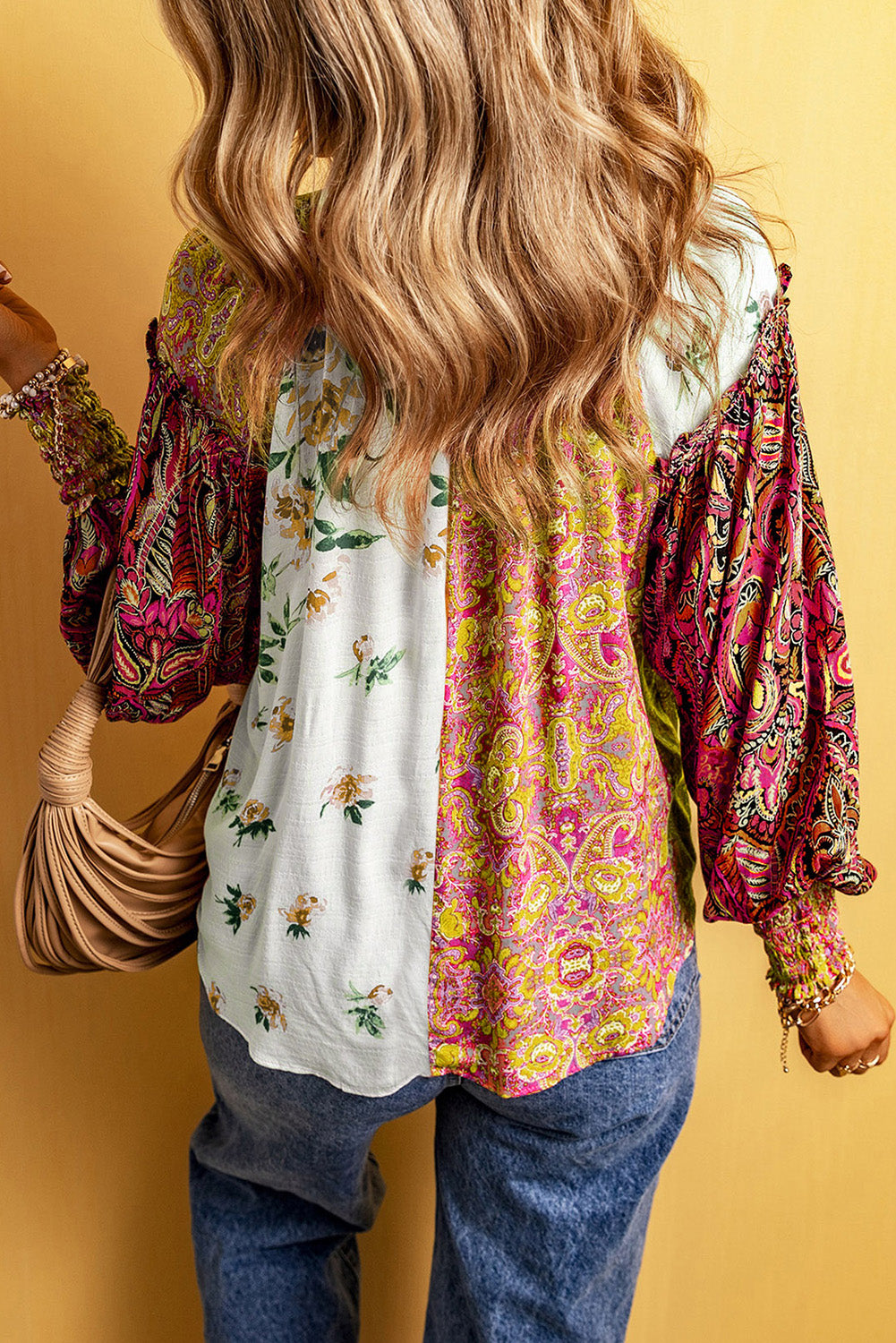 Yellow Floral Patchwork Shirred Cuff Buttoned V Neck Blouse Tops & Tees JT's Designer Fashion