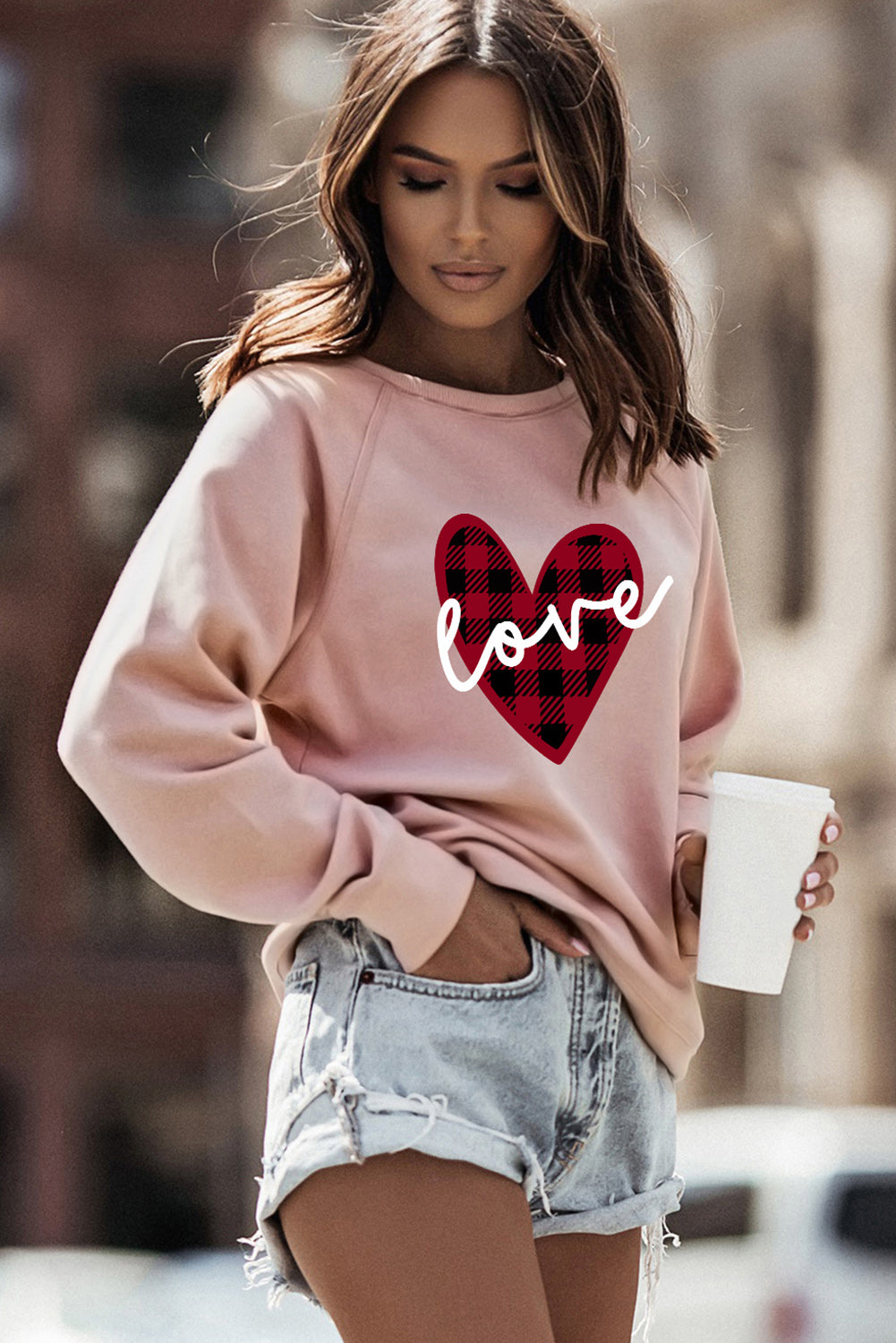 Pink love Heart Shape Plaid Print Raglan Sleeve Sweatshirt Graphic Sweatshirts JT's Designer Fashion