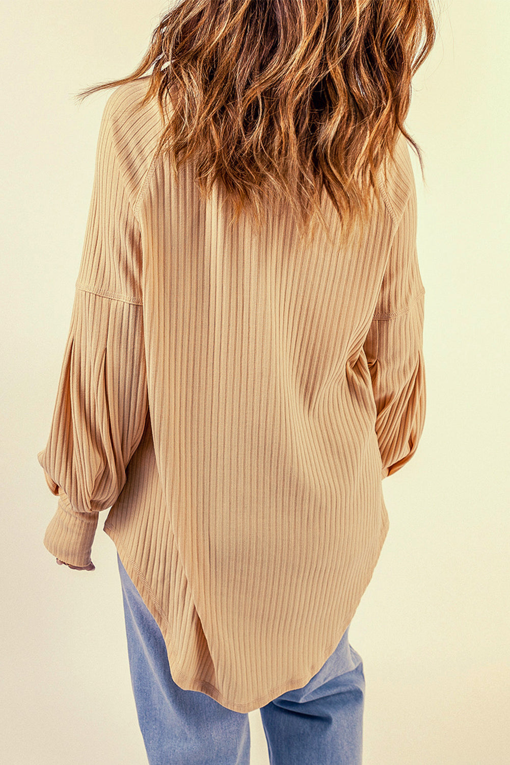 Apricot Ribbed Textured Thumbhole Puff Sleeve Pullover Long Sleeve Tops JT's Designer Fashion