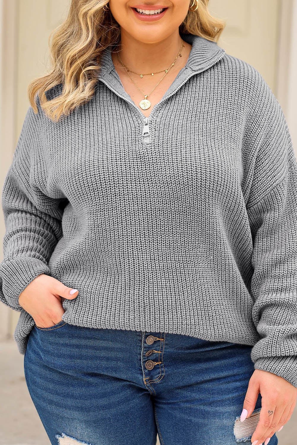 Gray Quarter-Zip Thermal Plus Size Sweater Plus Size JT's Designer Fashion