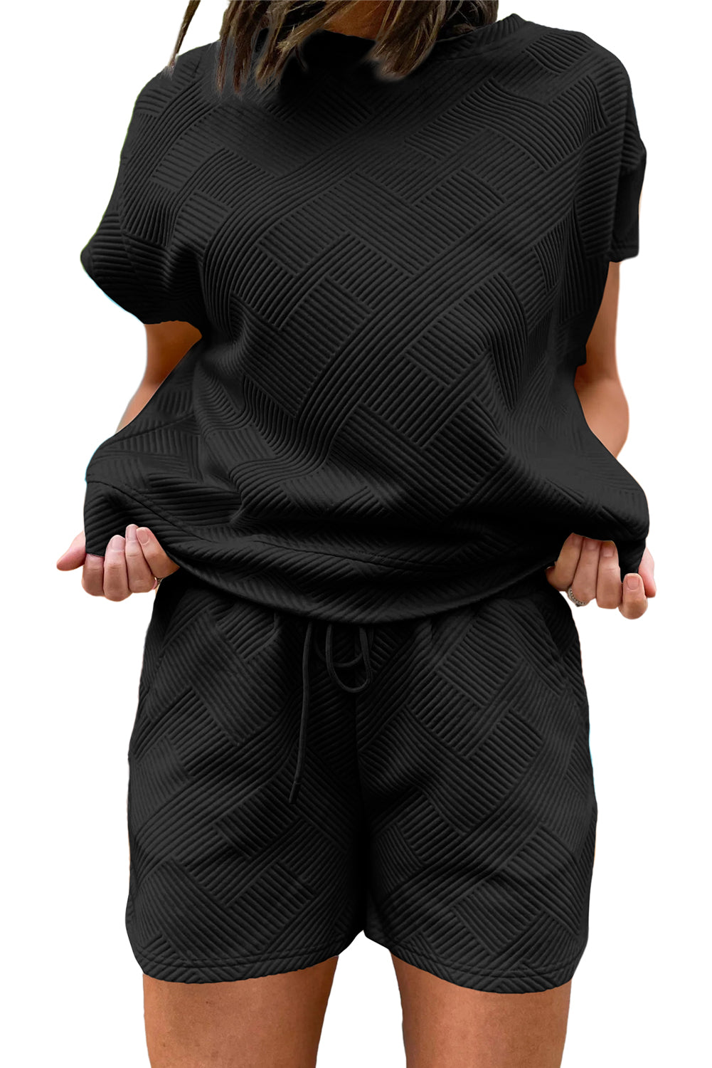 Black Textured Short Sleeve Top and Shorts Set Bottoms JT's Designer Fashion