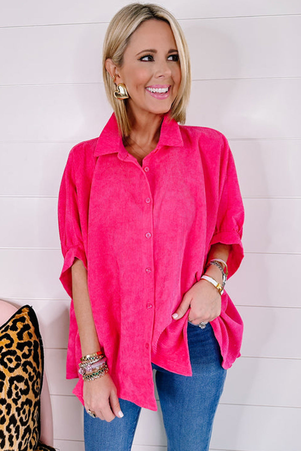 Strawberry Pink Half Sleeve Corduroy Shirt Tops & Tees JT's Designer Fashion