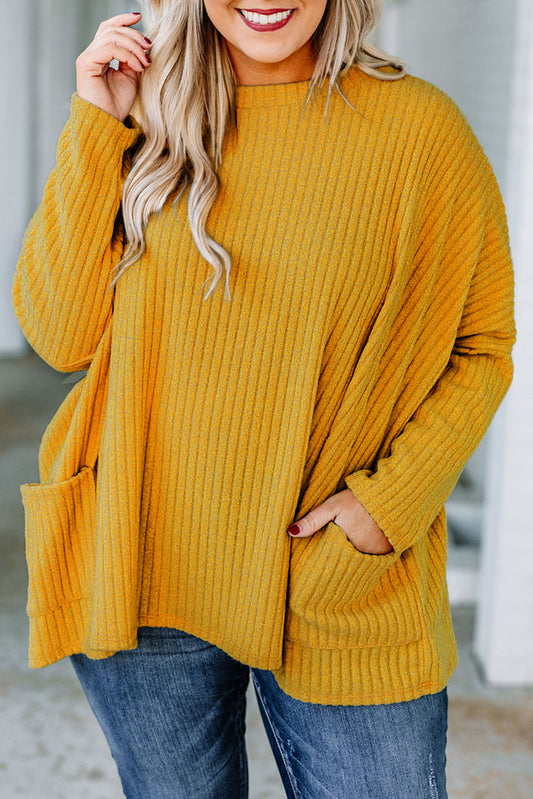 Yellow Yellow Yellow Plus Size Striped Textured Pocketed Top Plus Size Tops JT's Designer Fashion