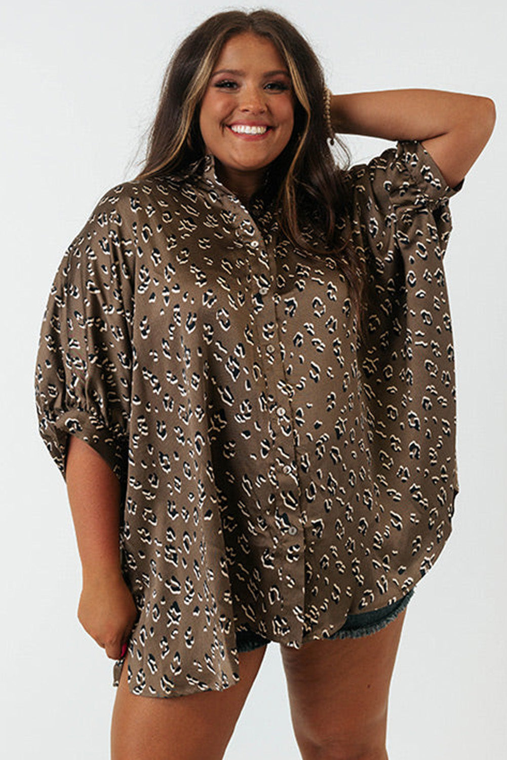 Leopard Buttoned Batwing Sleeve Plus Size Shirt Plus Size Tops JT's Designer Fashion