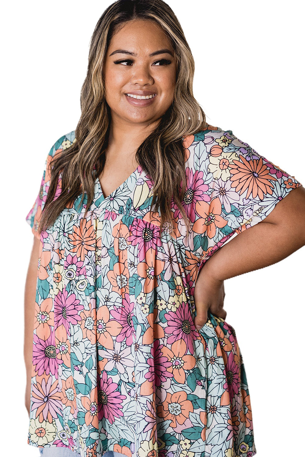 Multicolor Plus Size Summer Floral Print V Neck Blouse Plus Size Tops JT's Designer Fashion