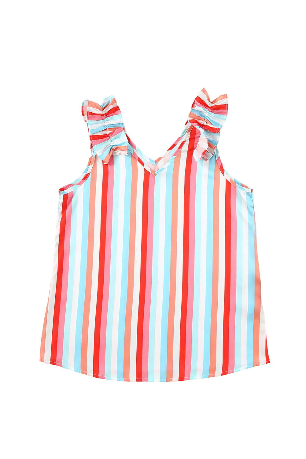 Multicolor Striped V Neck Ruffle Straps Tank Top Tank Tops JT's Designer Fashion