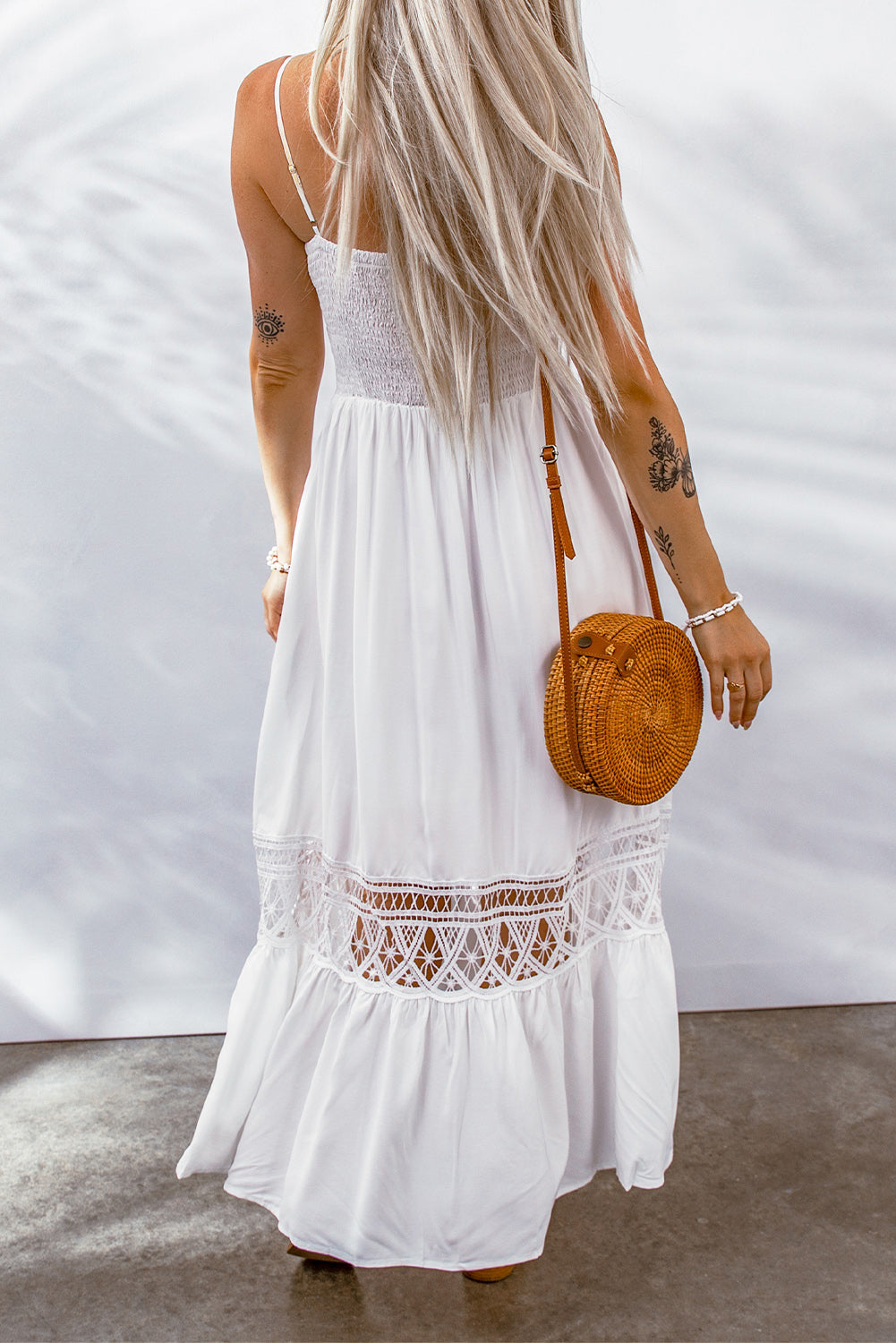 White Lace Splice Button Decor Spaghetti Strap Maxi Dress Maxi Dresses JT's Designer Fashion