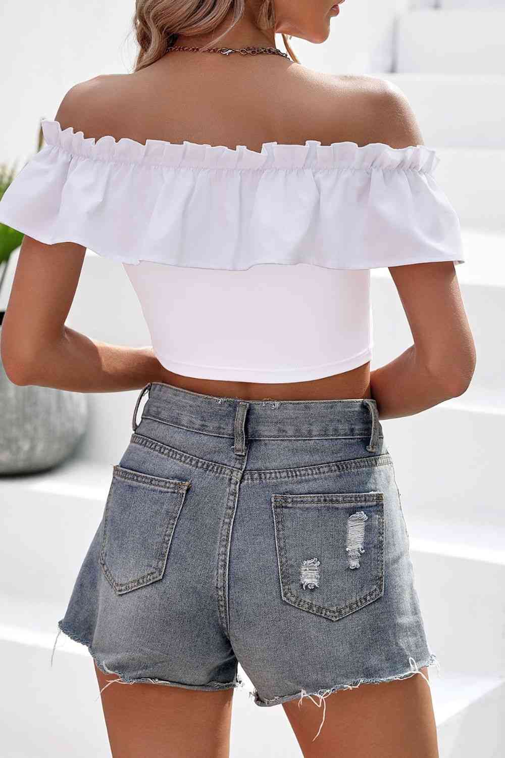 Off-Shoulder Ruffled Cropped Top Crop Tops JT's Designer Fashion