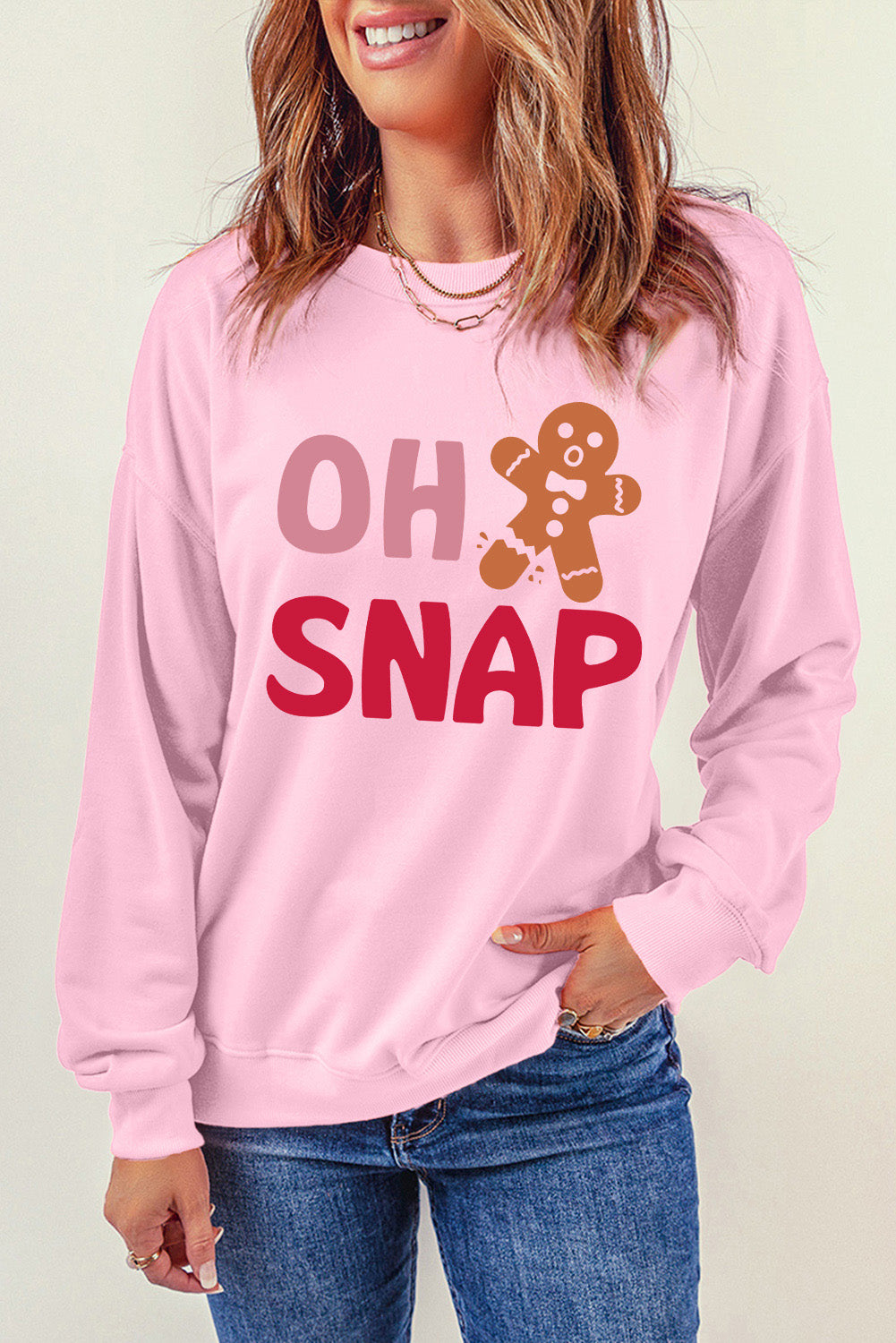 Pink OH SNAP Gingerbread Man Christmas Pullover Sweatshirt Graphic Sweatshirts JT's Designer Fashion