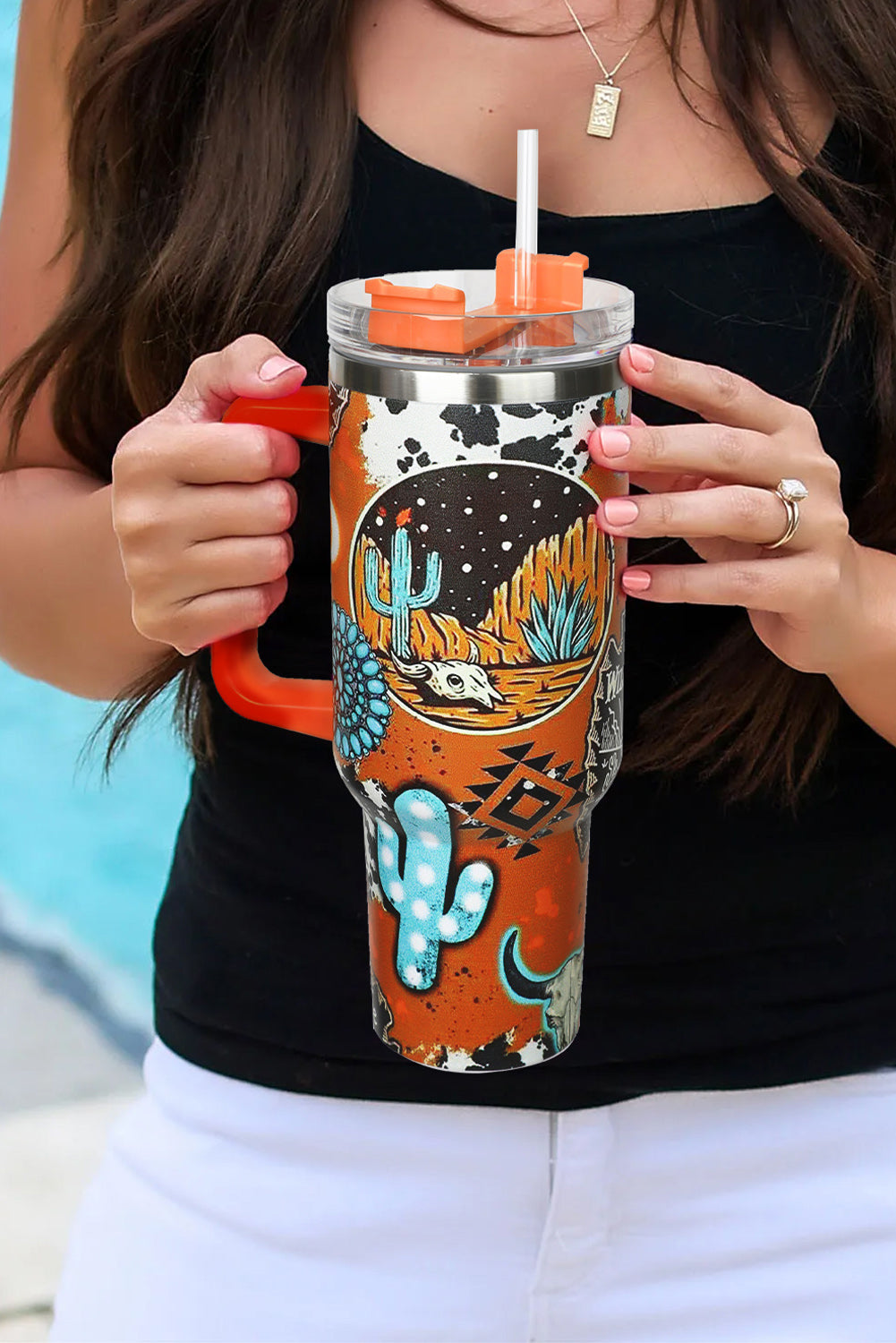 Orange Western Graphic Handled Stainless Tumbler with Straw Tumblers JT's Designer Fashion