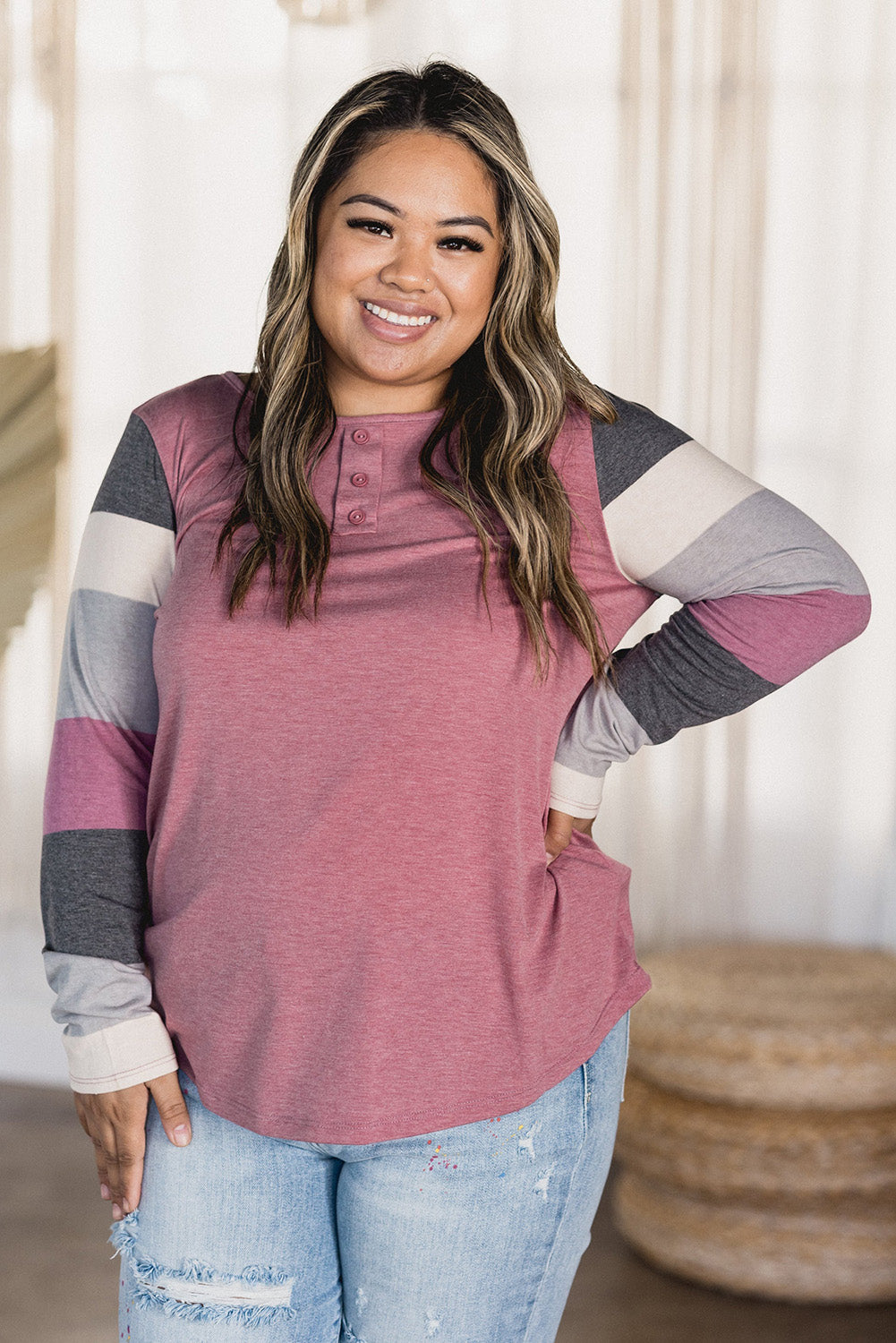 Pink Striped Long Sleeve Plus Size Henley Top Plus Size JT's Designer Fashion