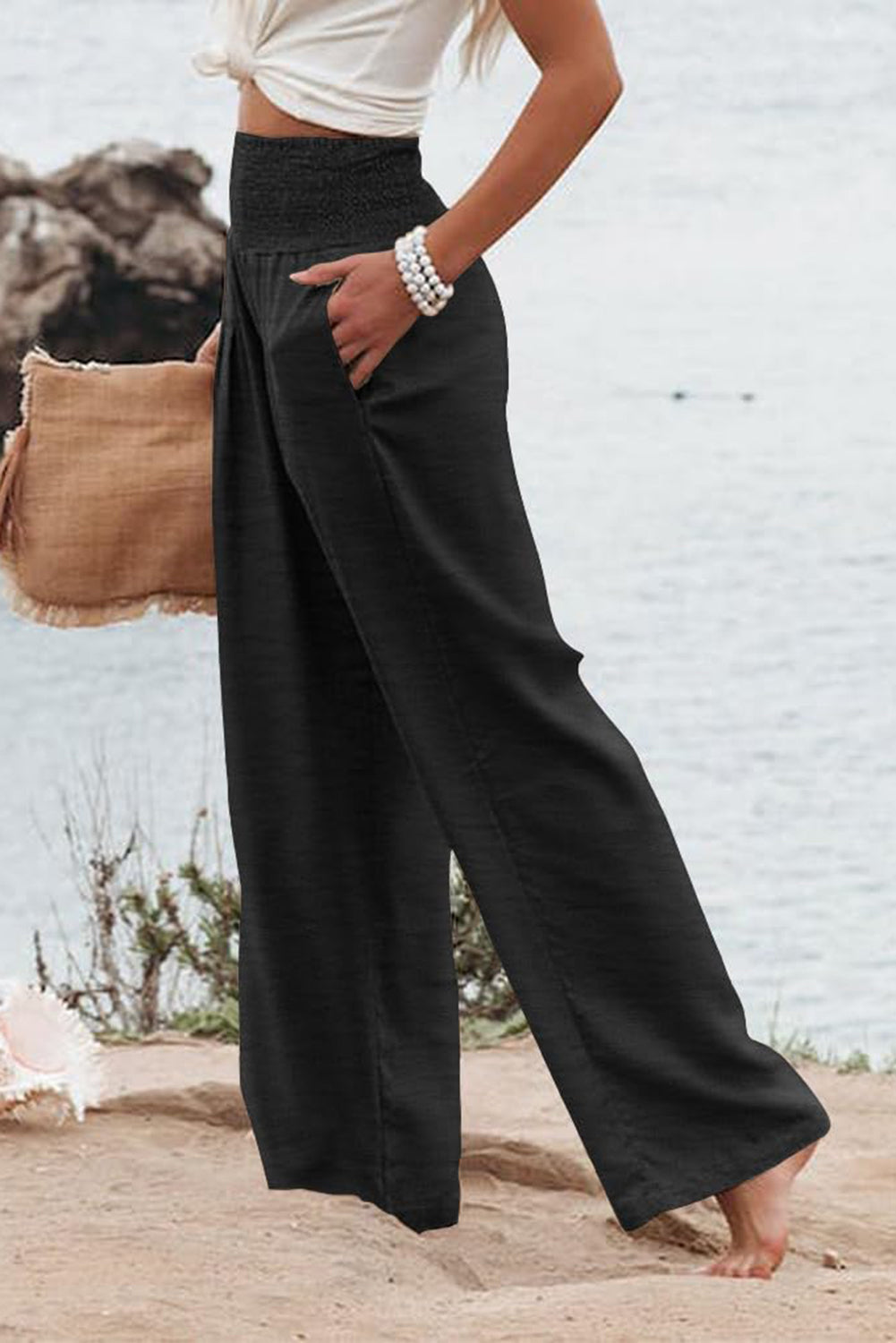 Black Shirred High Waist Plus Size Wide Leg Pants Plus Size JT's Designer Fashion