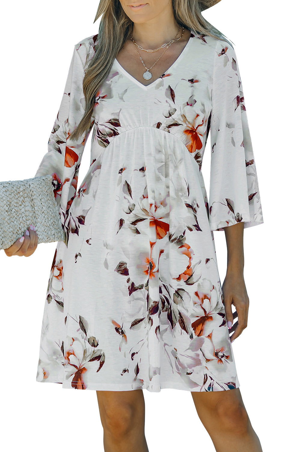 White V Neck 3/4 Sleeve Floral Dress Floral Dresses JT's Designer Fashion