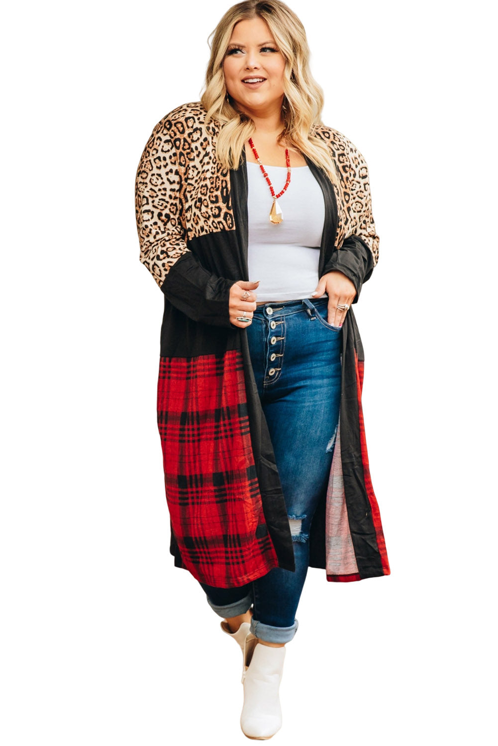 Black Plus Size Leopard Plaid Patchwork Cardigan Plus Size JT's Designer Fashion