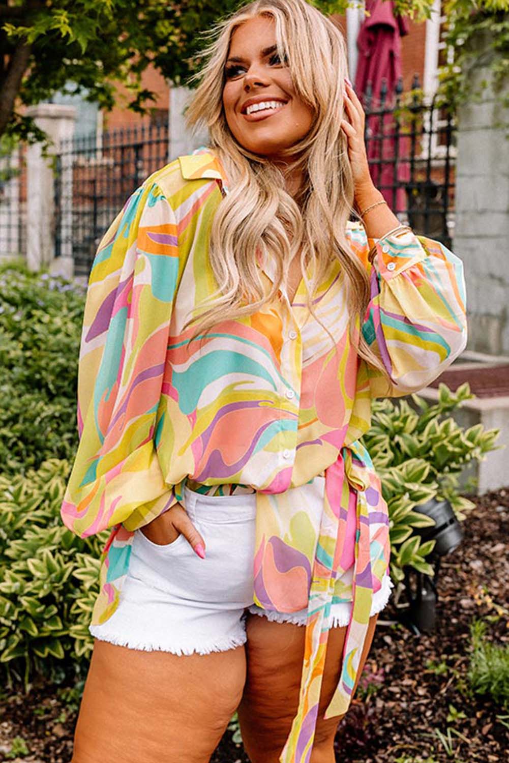 Multicolor Geometric Print Long Sleeve Tied Plus Size Shirt Plus Size JT's Designer Fashion