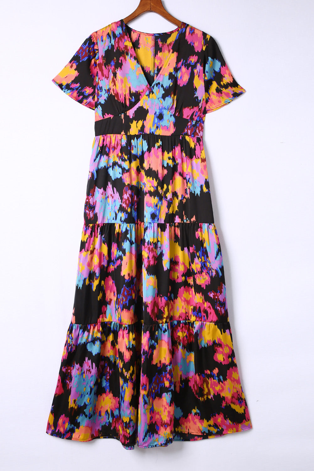 Black Abstract Floral Pattern Flutter Sleeve Tiered Maxi Dress Floral Dresses JT's Designer Fashion