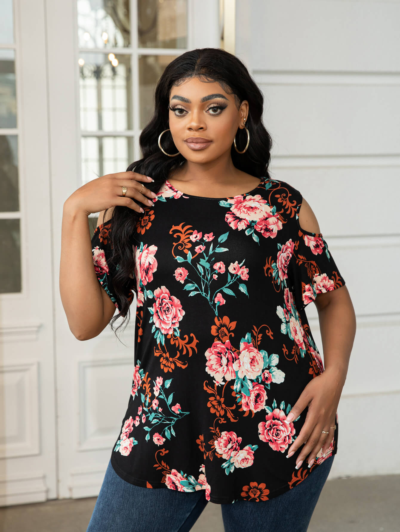 Plus Size Cold-Shoulder Round Neck Curved Hem Tee Black Plus Size Tops JT's Designer Fashion