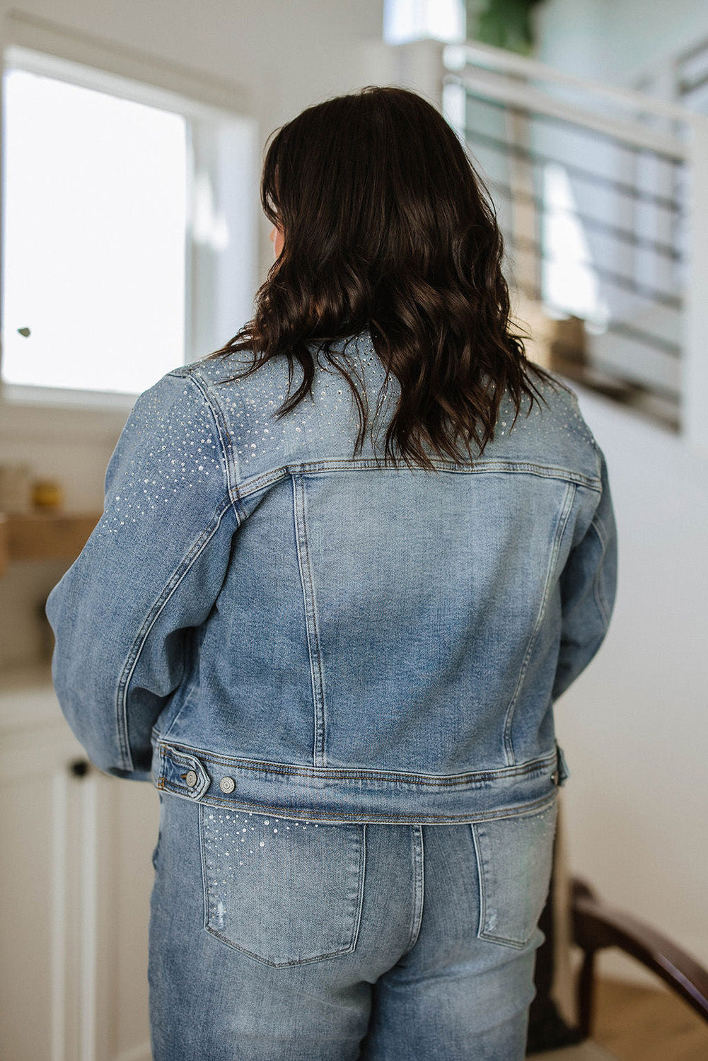 Sky Blue Plus Size Rhinestone Denim Jacket Denim jackets JT's Designer Fashion