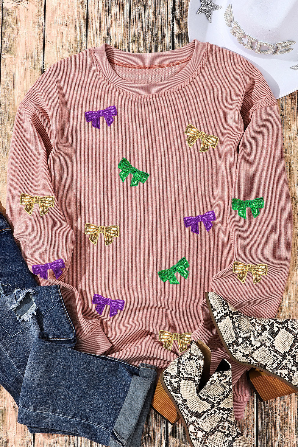 Pink Mardi Gras Sequin Bow Knot Drop Shoulder Corded Sweatshirt Graphic Sweatshirts JT's Designer Fashion