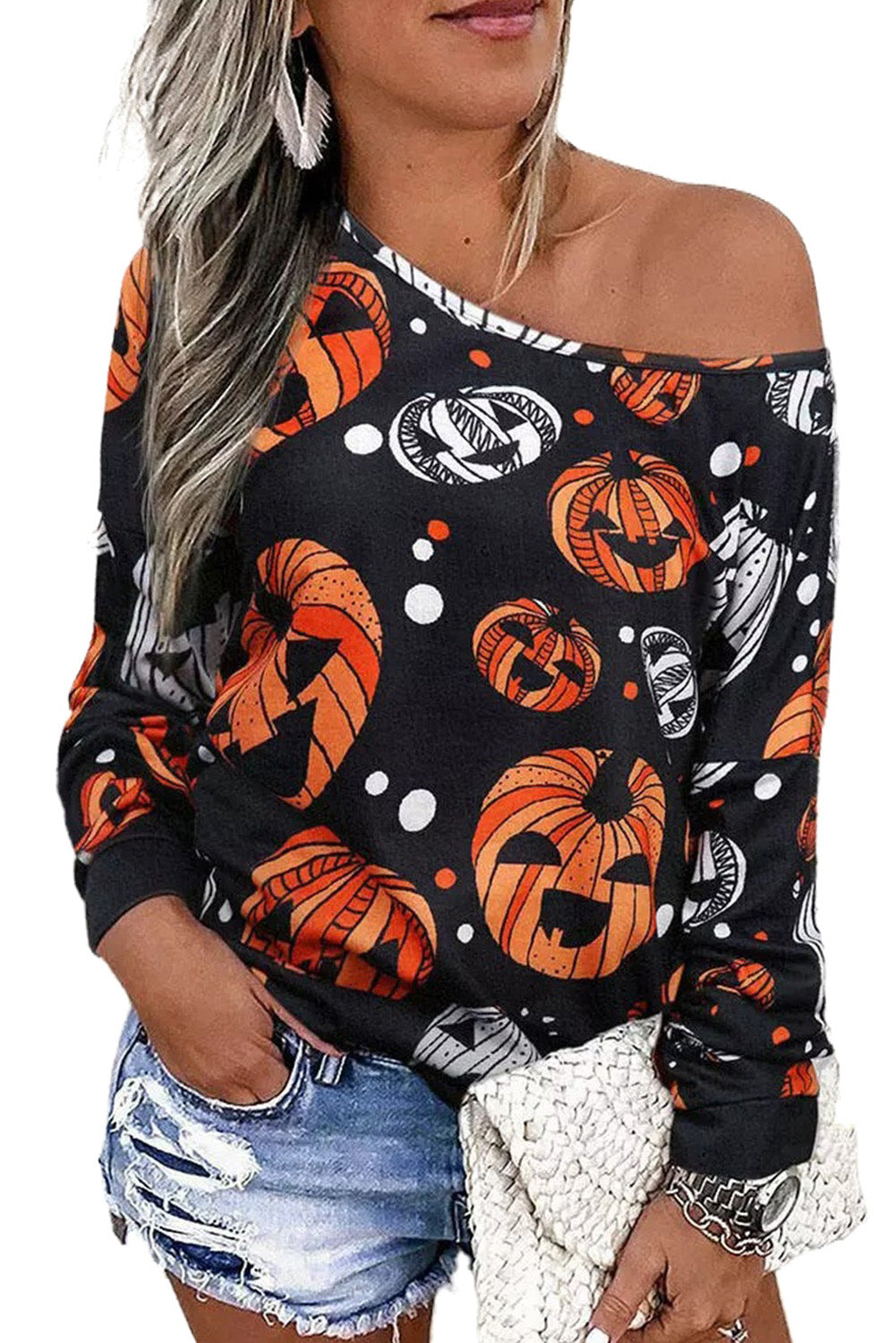 Black Halloween Pumpkin Face Crew Neck Top Long Sleeve Tops JT's Designer Fashion