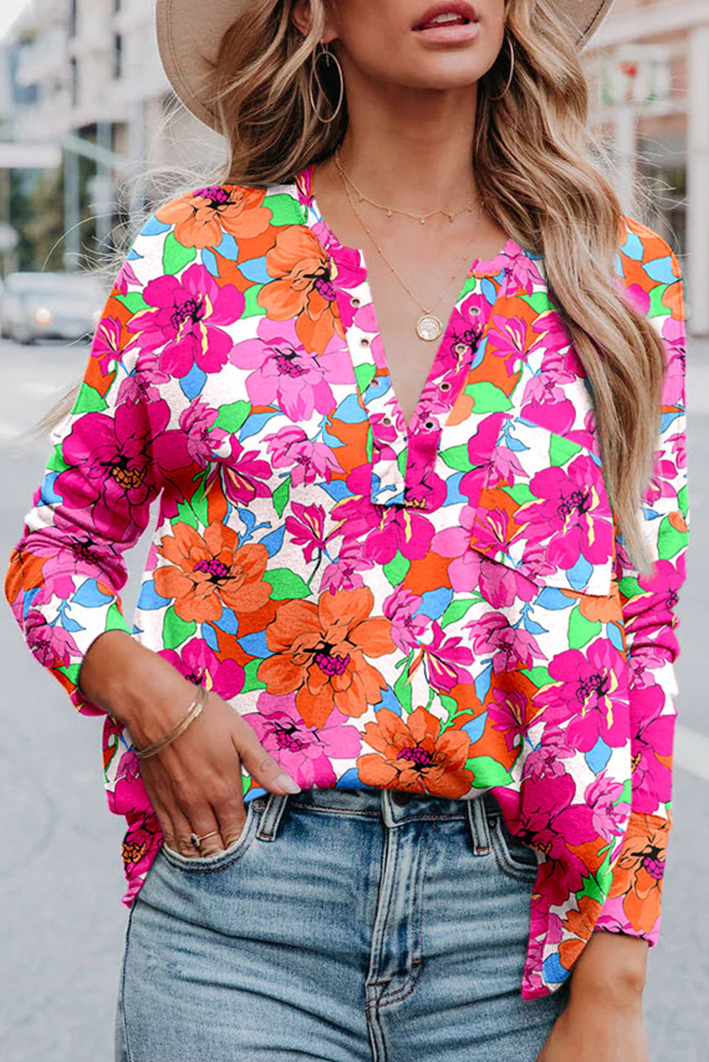 Red Floral Print Grommet Split V Neck Blouse Tops & Tees JT's Designer Fashion