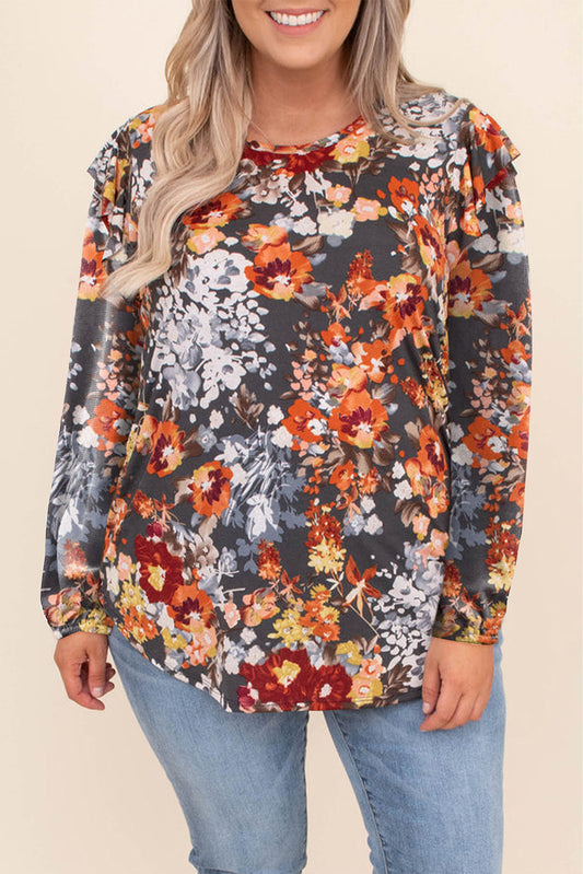 Black Printed Floral Abstract Print Ruffled Long Sleeve Plus Size Top Plus Size JT's Designer Fashion