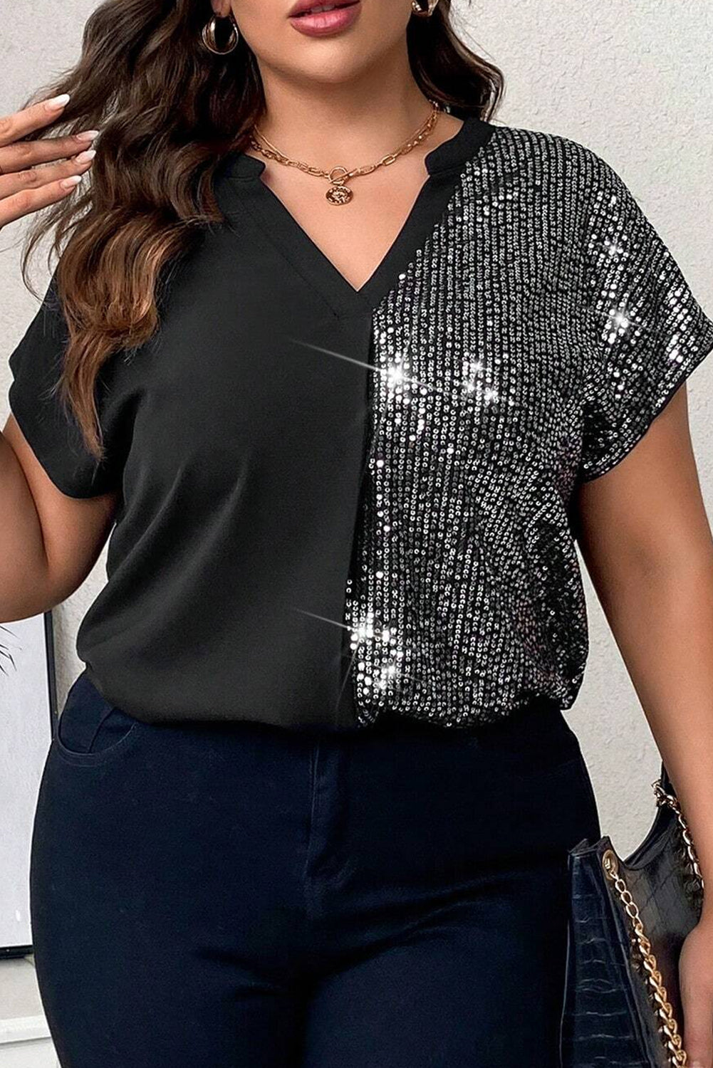 Black Split V Neck Contrast Half Sequin Plus Size Tee Plus Size JT's Designer Fashion